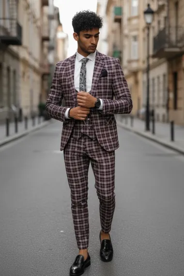 Costum barbati slim fit grena in carouri B7916 10-4